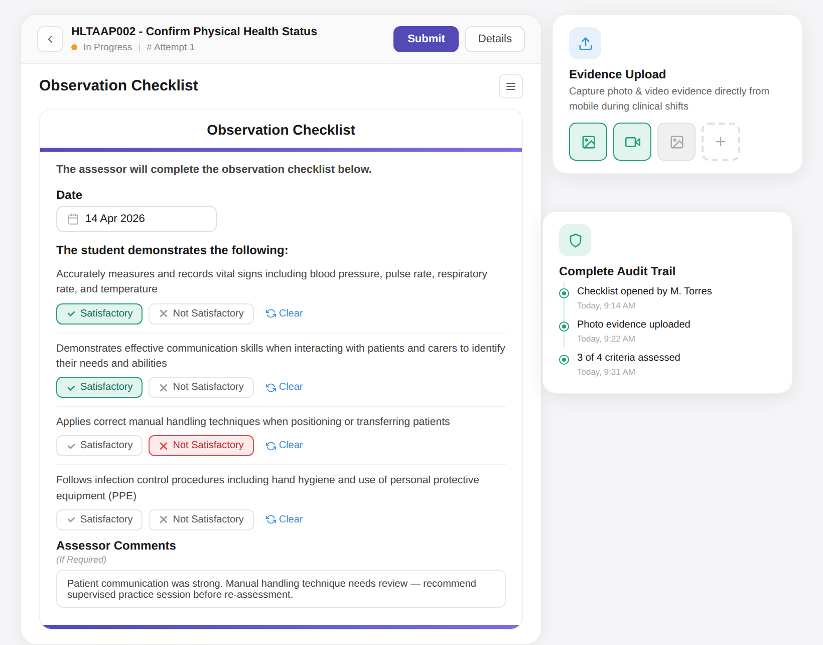 Observation checklist in Cloud Assess