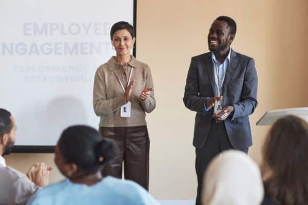 Facilitator communicating employee engagement