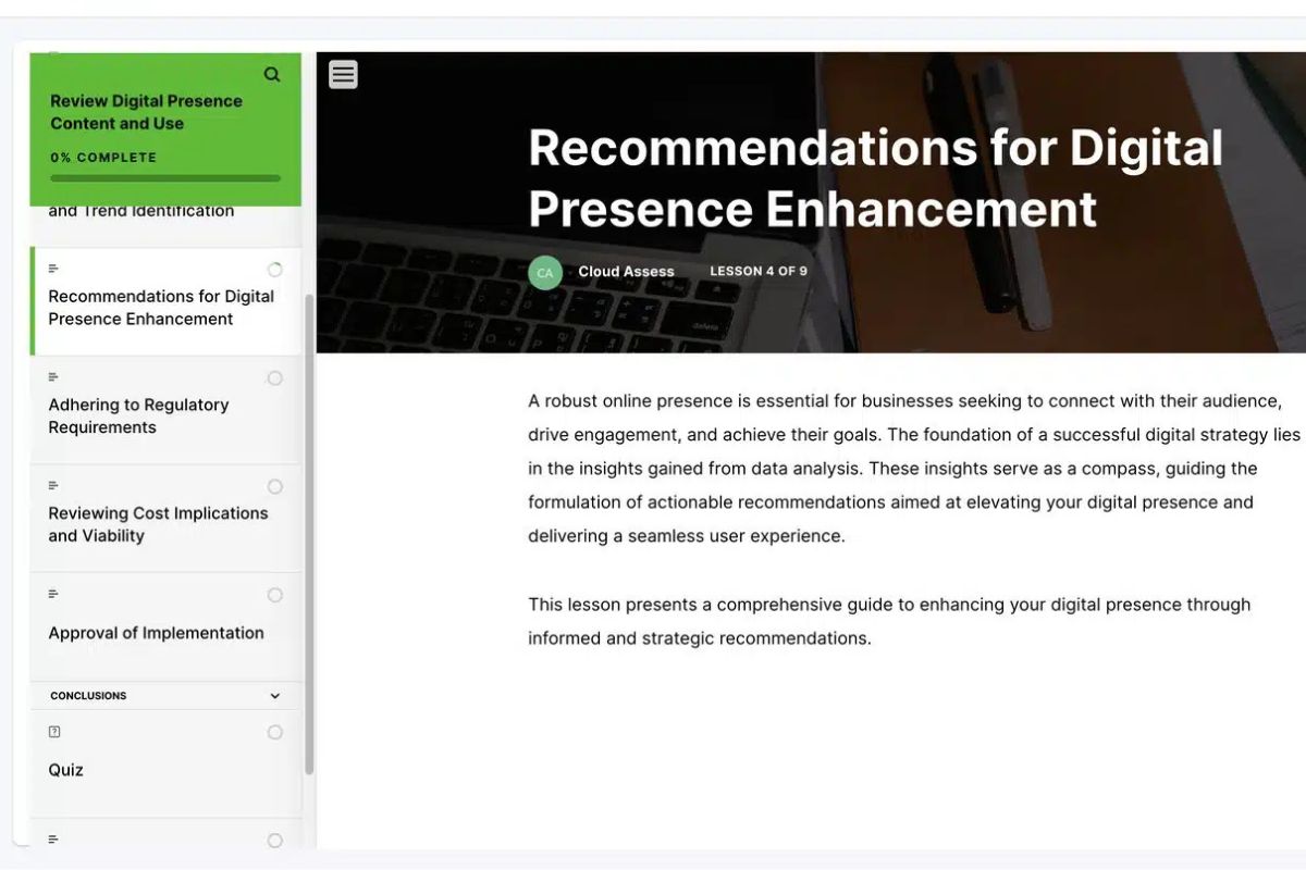 Review digital presence content and use course