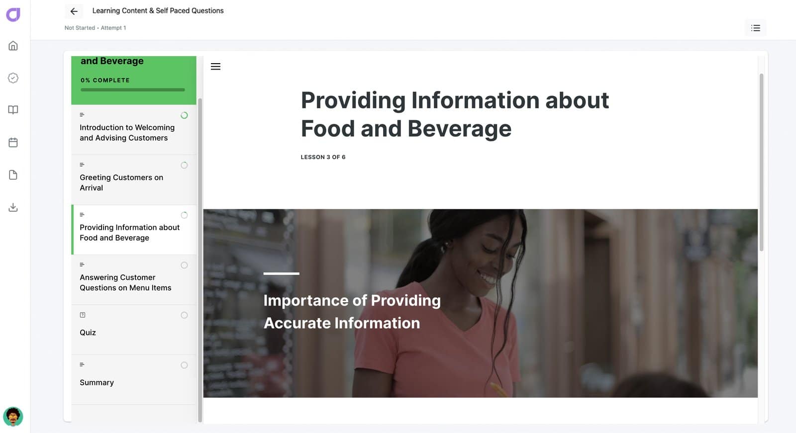 Welcome and Advise Customers for Food and Beverage 2 course screenshot