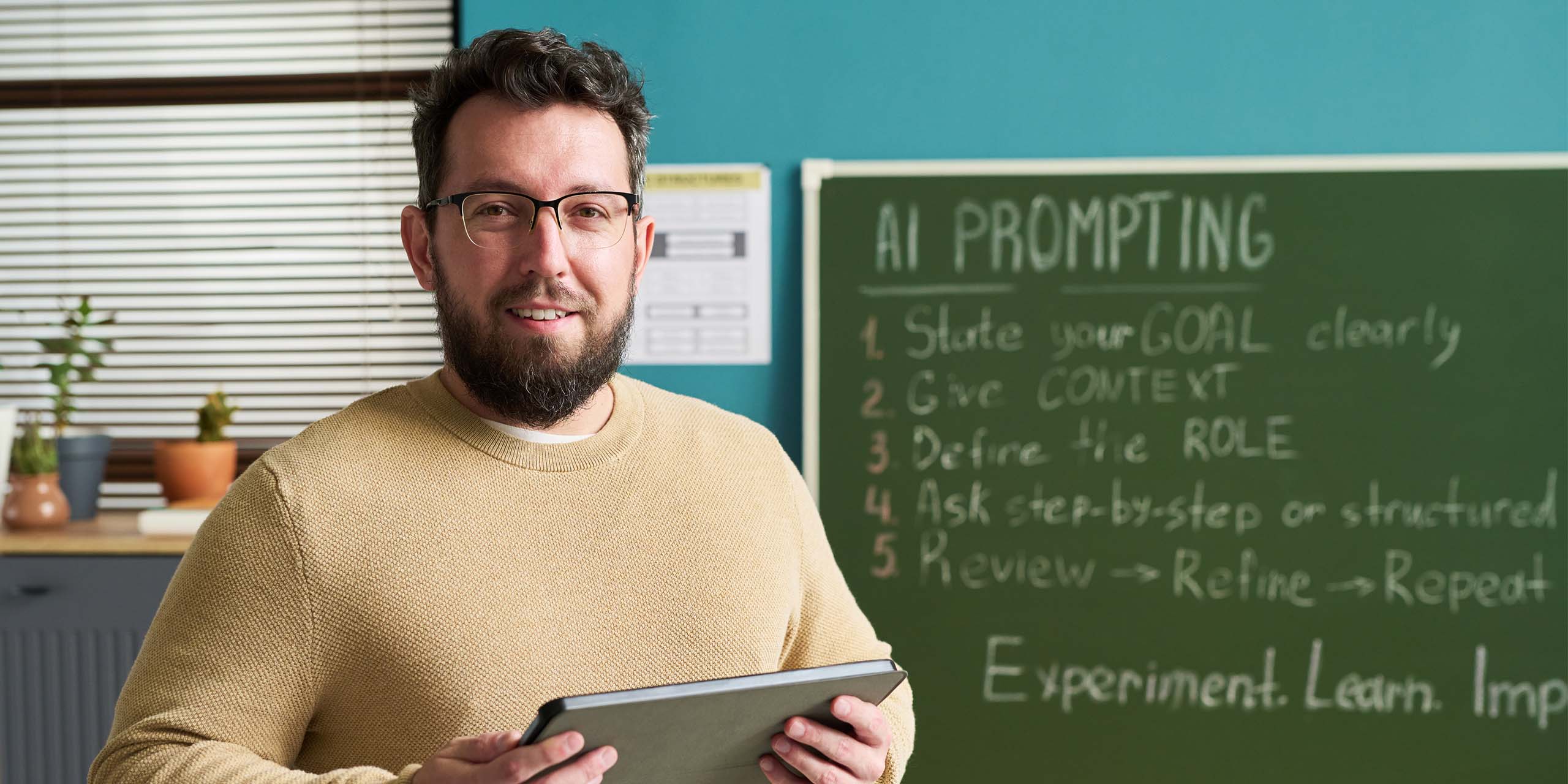 trainer prepares for lesson on ai prompting while holding a tablet
