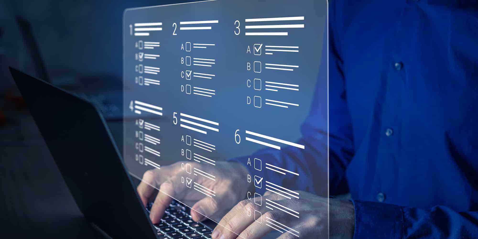 man types on laptop with online assessment tool overlay