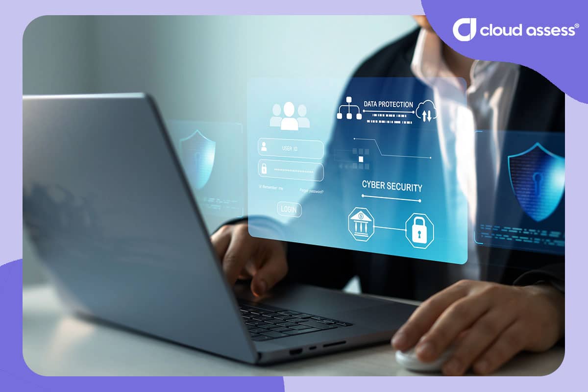 business man checks data protection and cybersecurity settings on laptop
