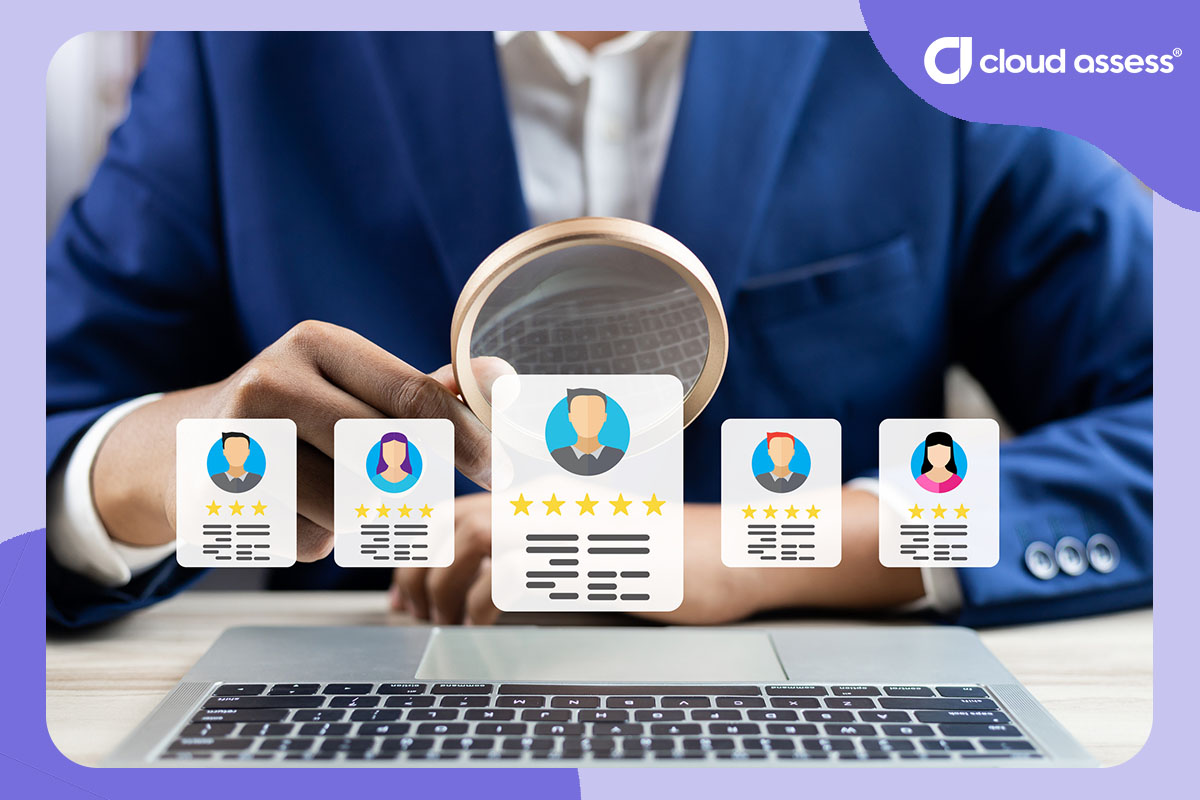 business man uses magnifying glass with overlay of resume icons indicating searching through cvs