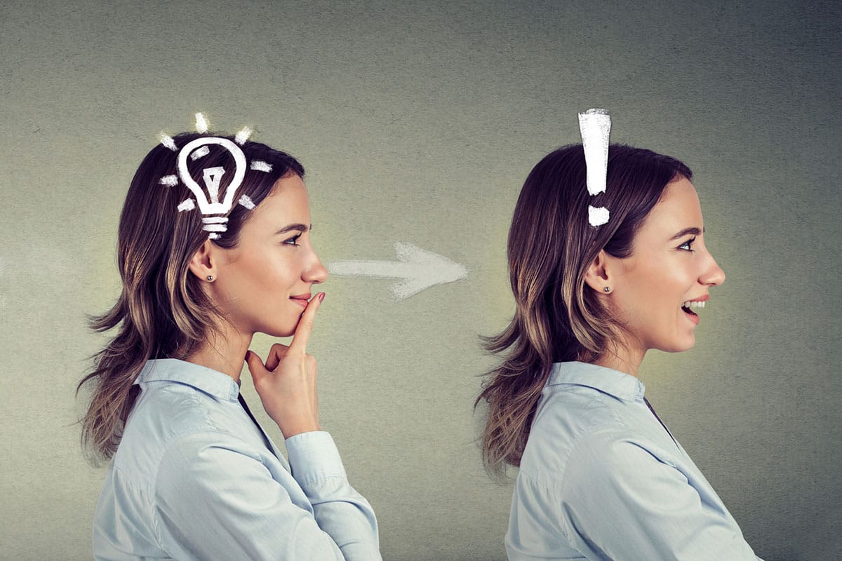 business woman with icons interlaid to show the impact emotions can have on ideas and solutions