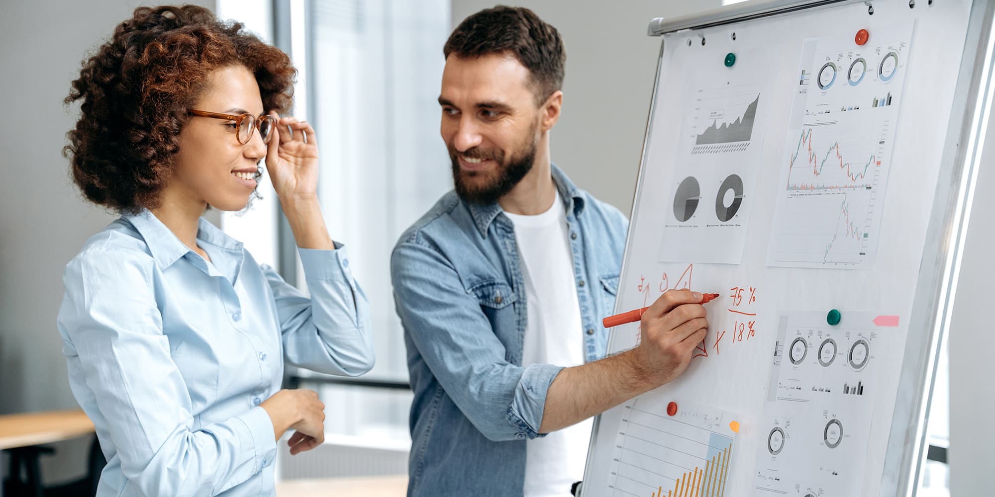 man and woman stand in front of whiteboard discussing change management