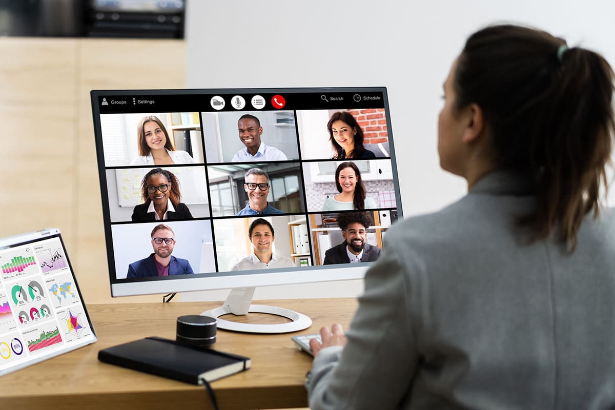 diverse global team meet in group call
