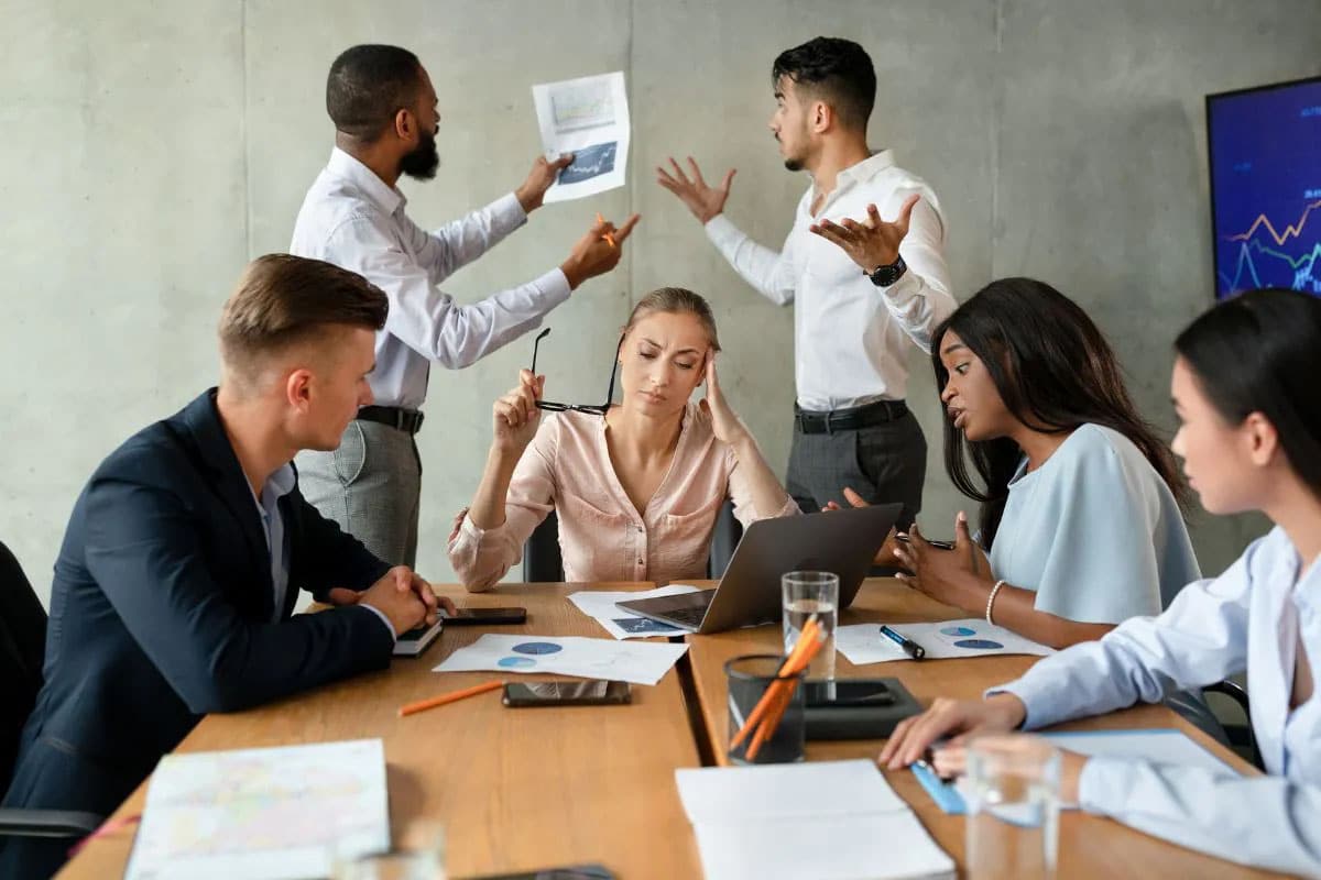 group of employees argue around table