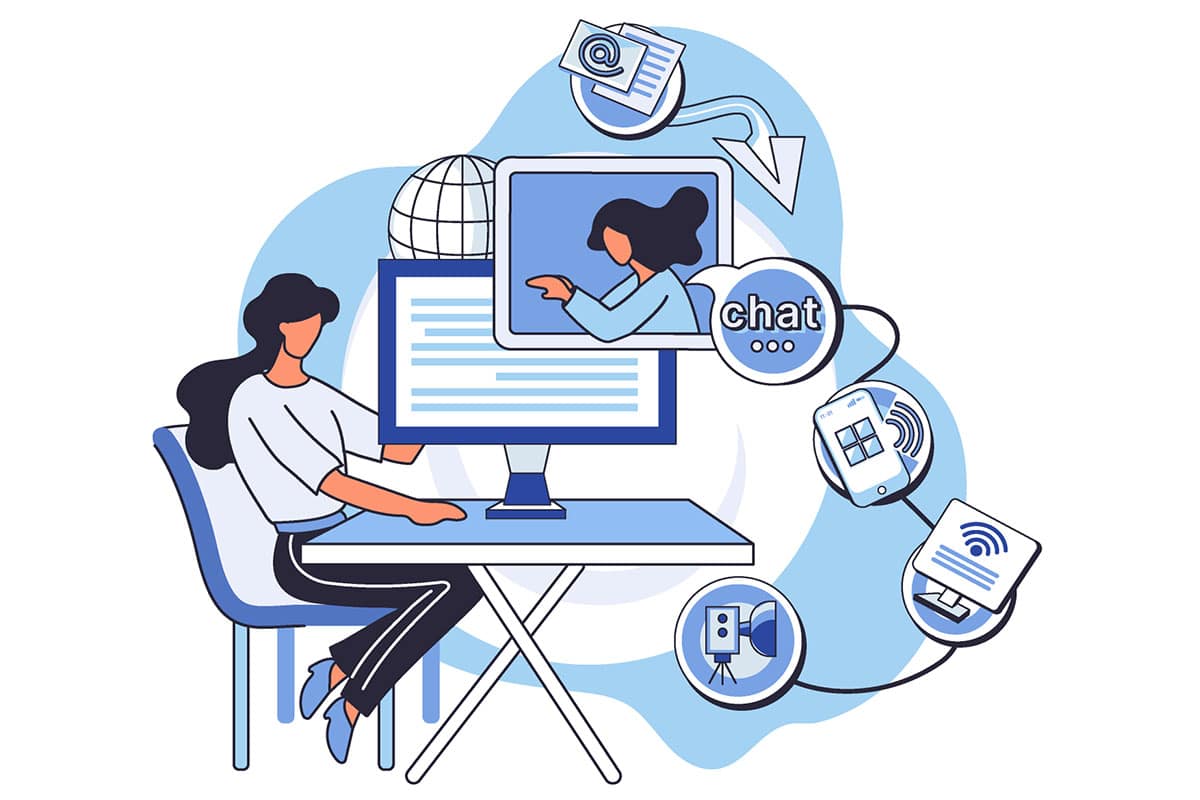illustration of woman sitting at desk with video content, phone content, email content indicating diversity of scorm