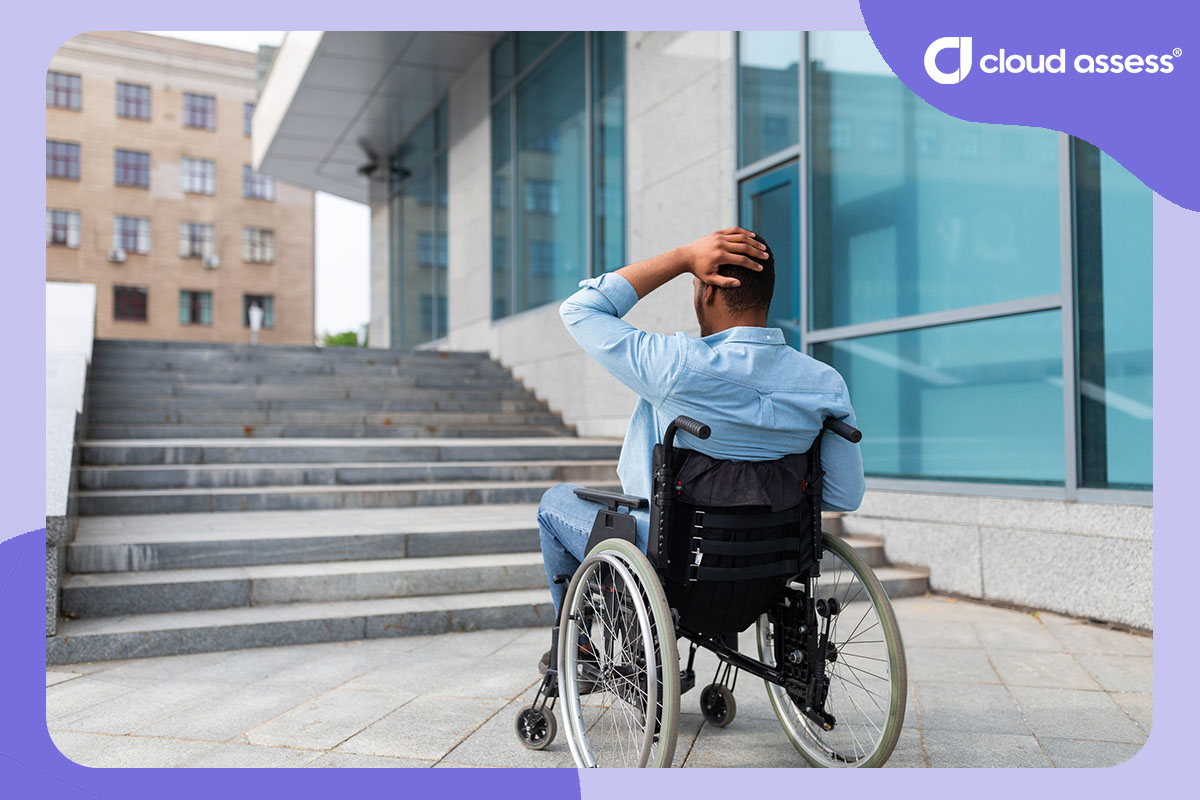 learner in wheelchair frustrated by stairs