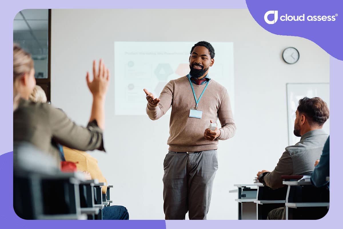 lecturer answering question in small class in private training establishment