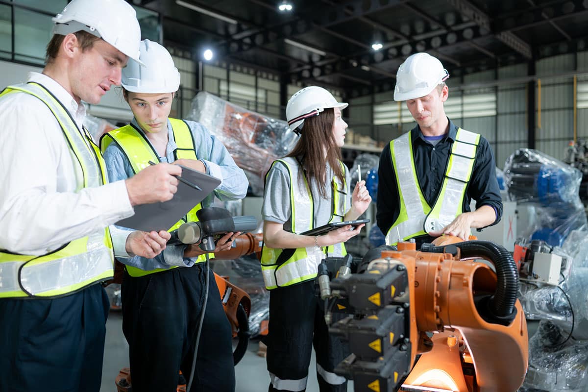 male and female factory workers share information
