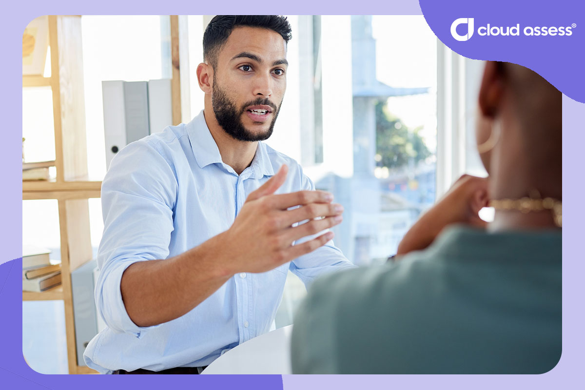 man explaining strategy to colleague as example of communication soft skill