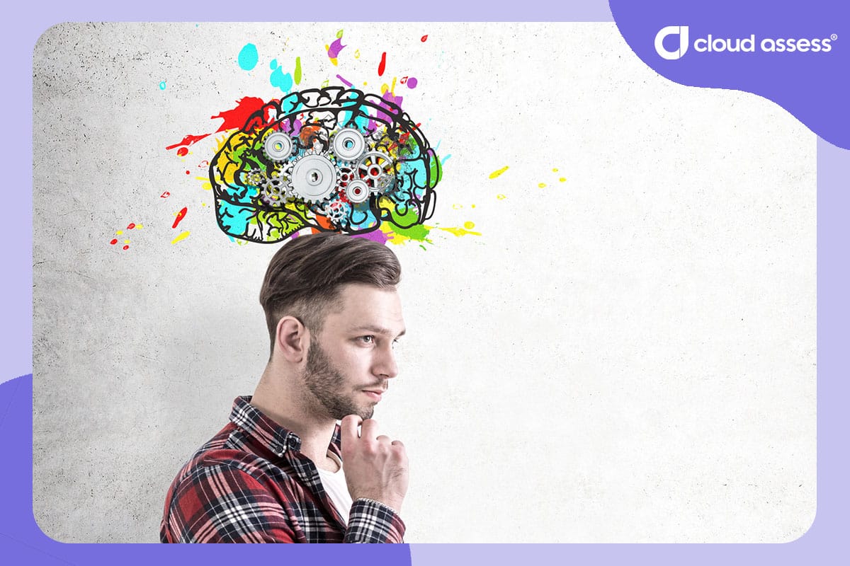 man thinks with illustration of brain above his head to indicate a personality assessment