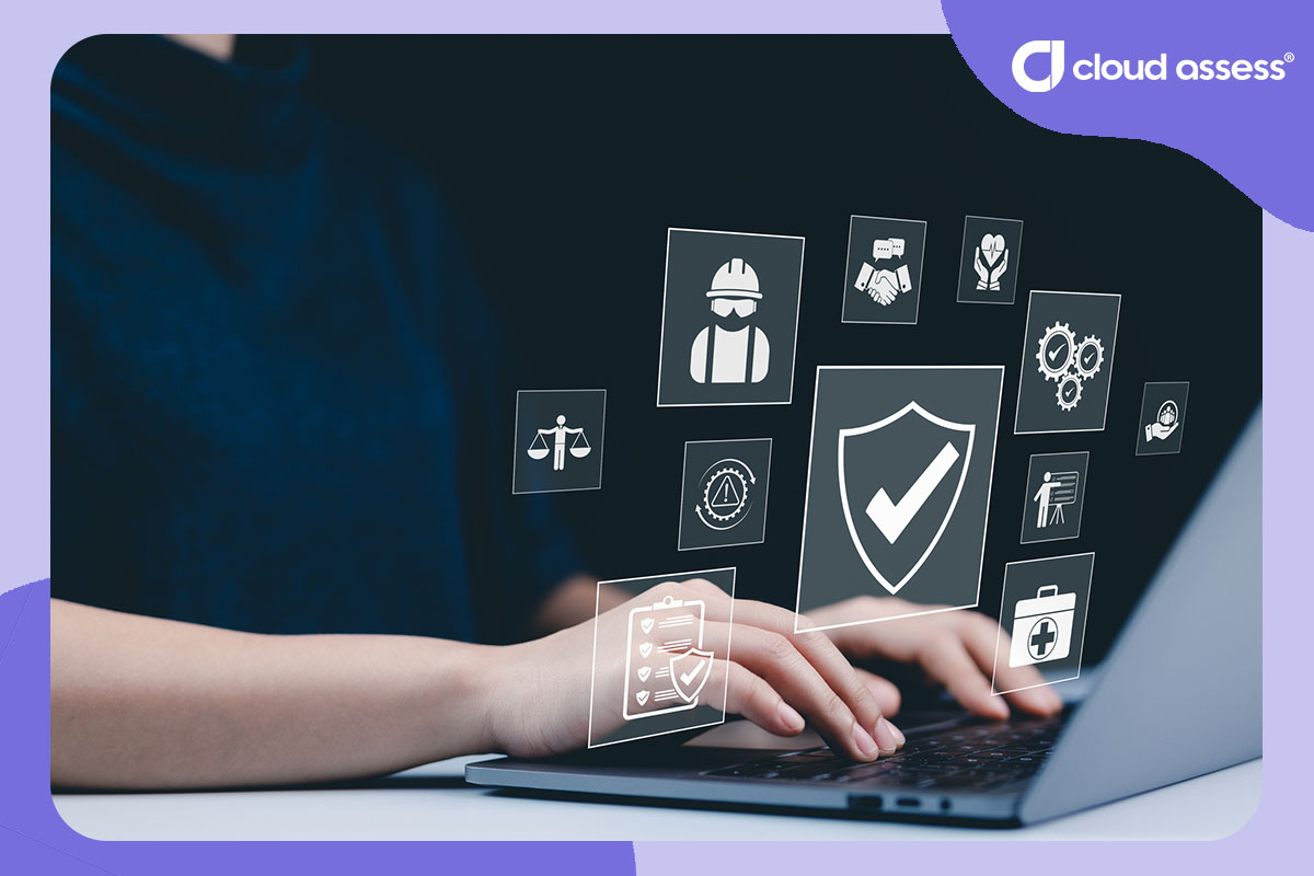 man uses laptop with overlaid icons for workplace skill training and certification