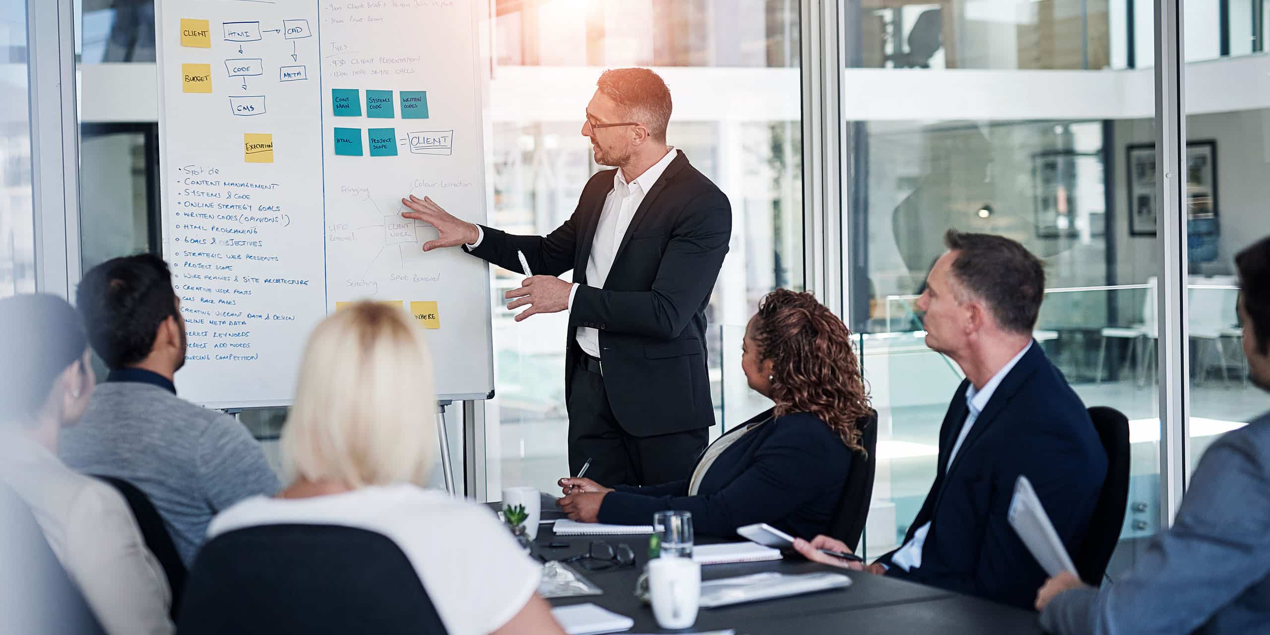 business man presents skill training plan to board of executives