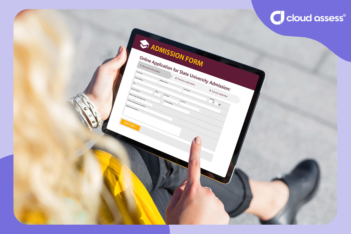 new student completes entry form for admission to training course on tablet