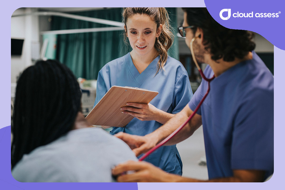 nursing student engages in roleplaying scenario with peers
