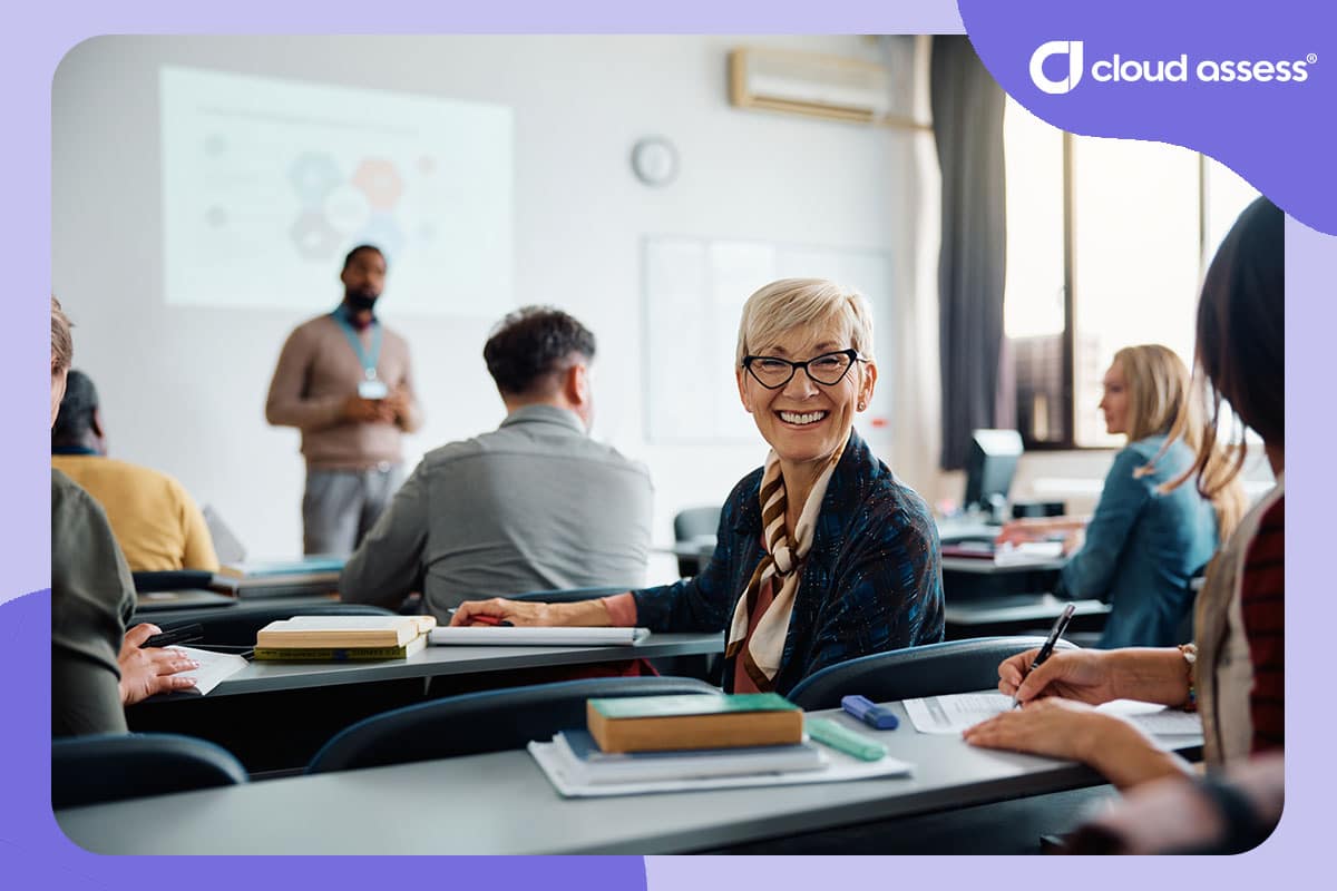 older student learns upskills by attending lecture at private training establishment
