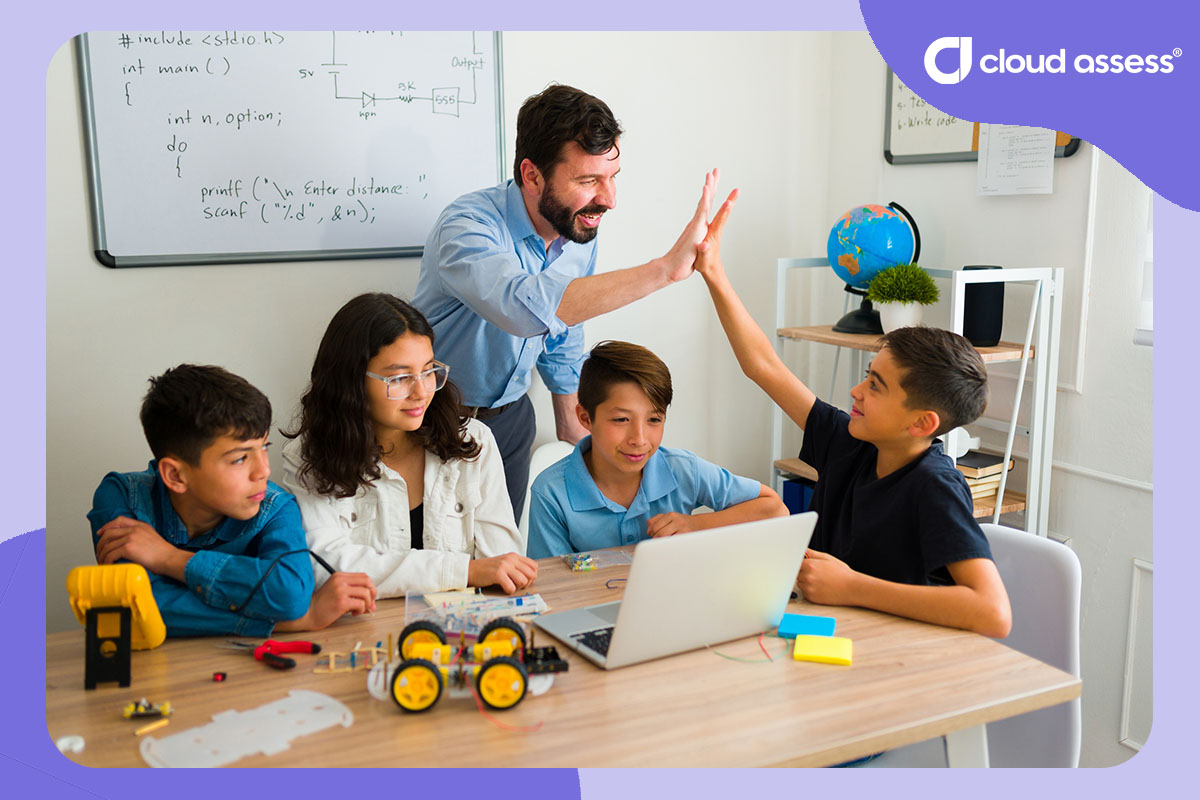 teacher high fives student as example of behaviourial reinforcement in early education