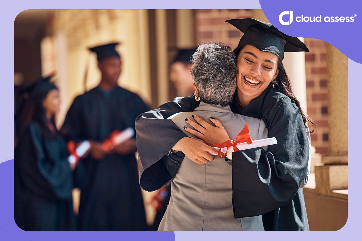 vet graduate hugs trainer in thanks