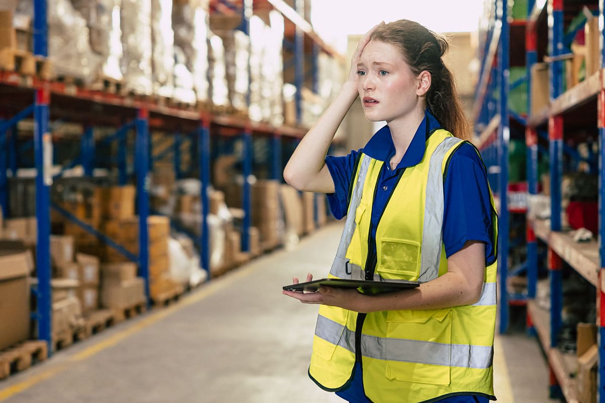 young woman confused and stressed in warehouse
