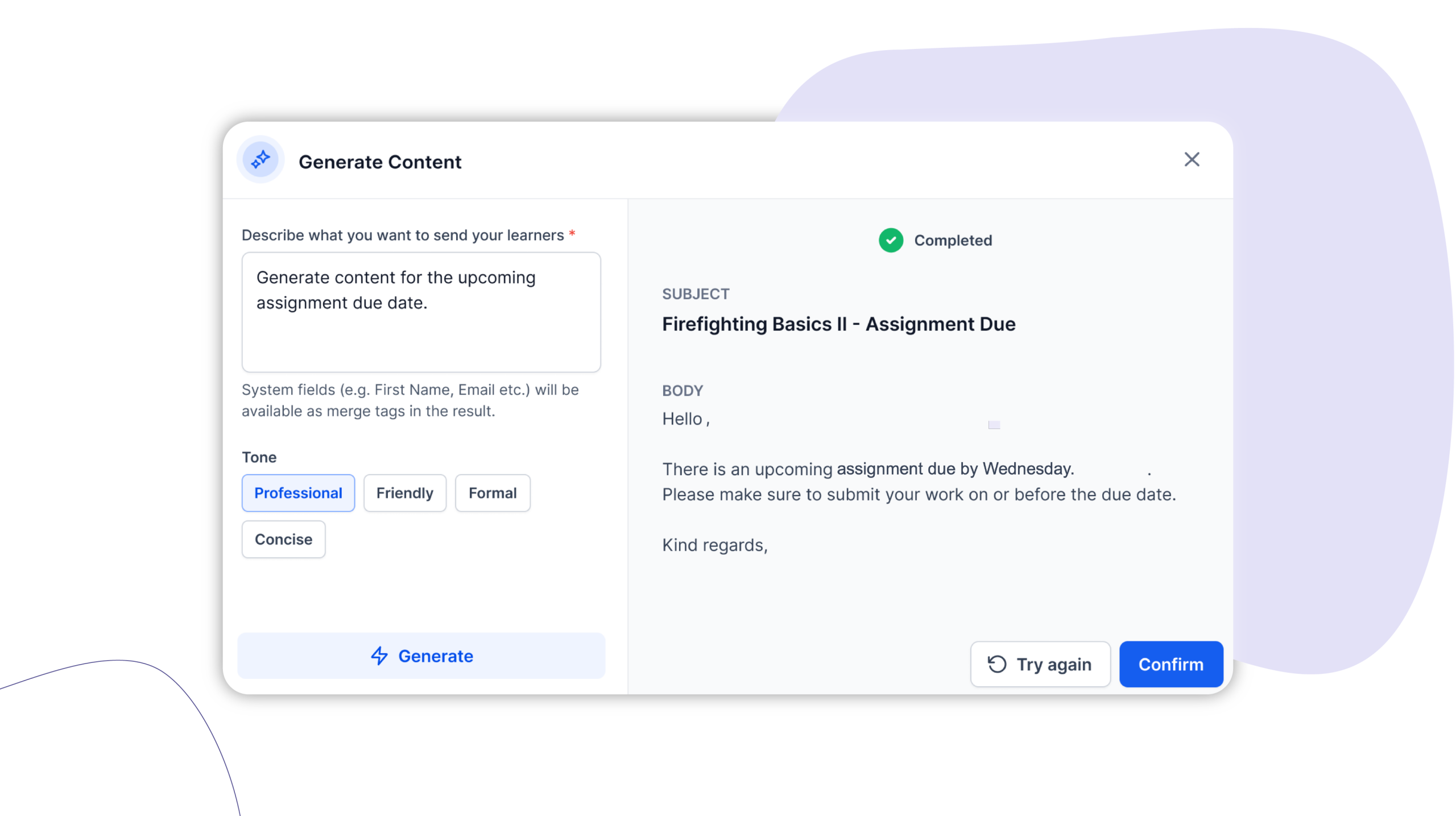 AI Message generator - Cloud Assess LMS