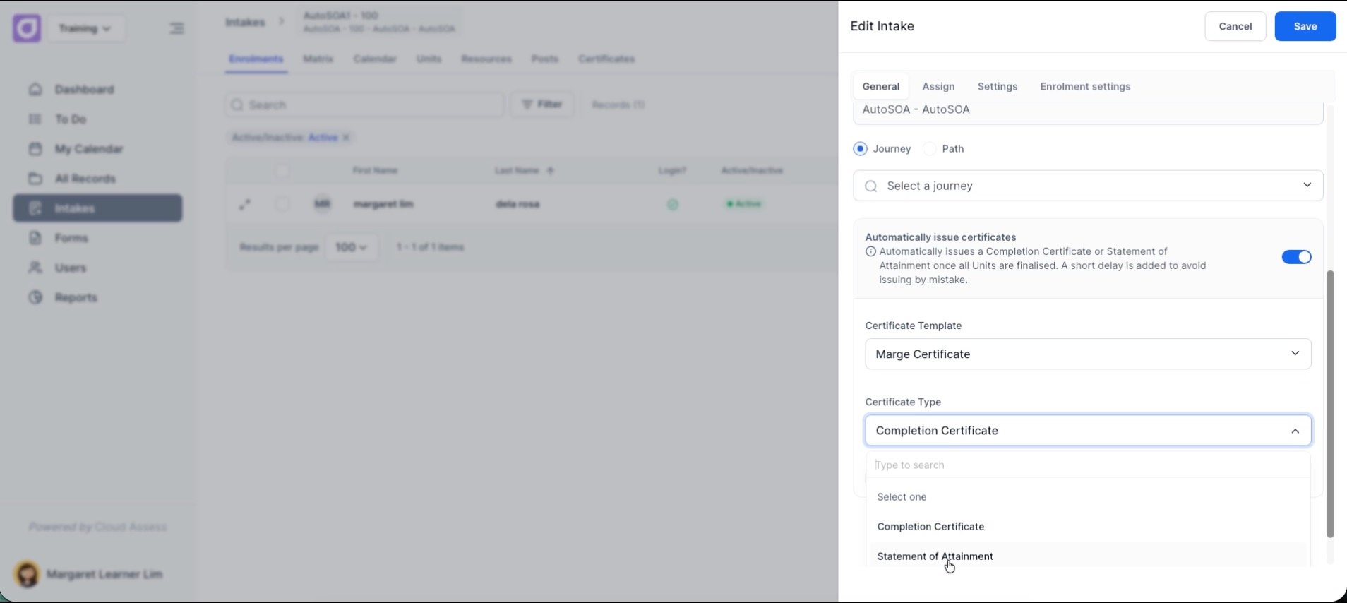 Automated statements of attainment and credentialing updates - Cloud Assess LMS