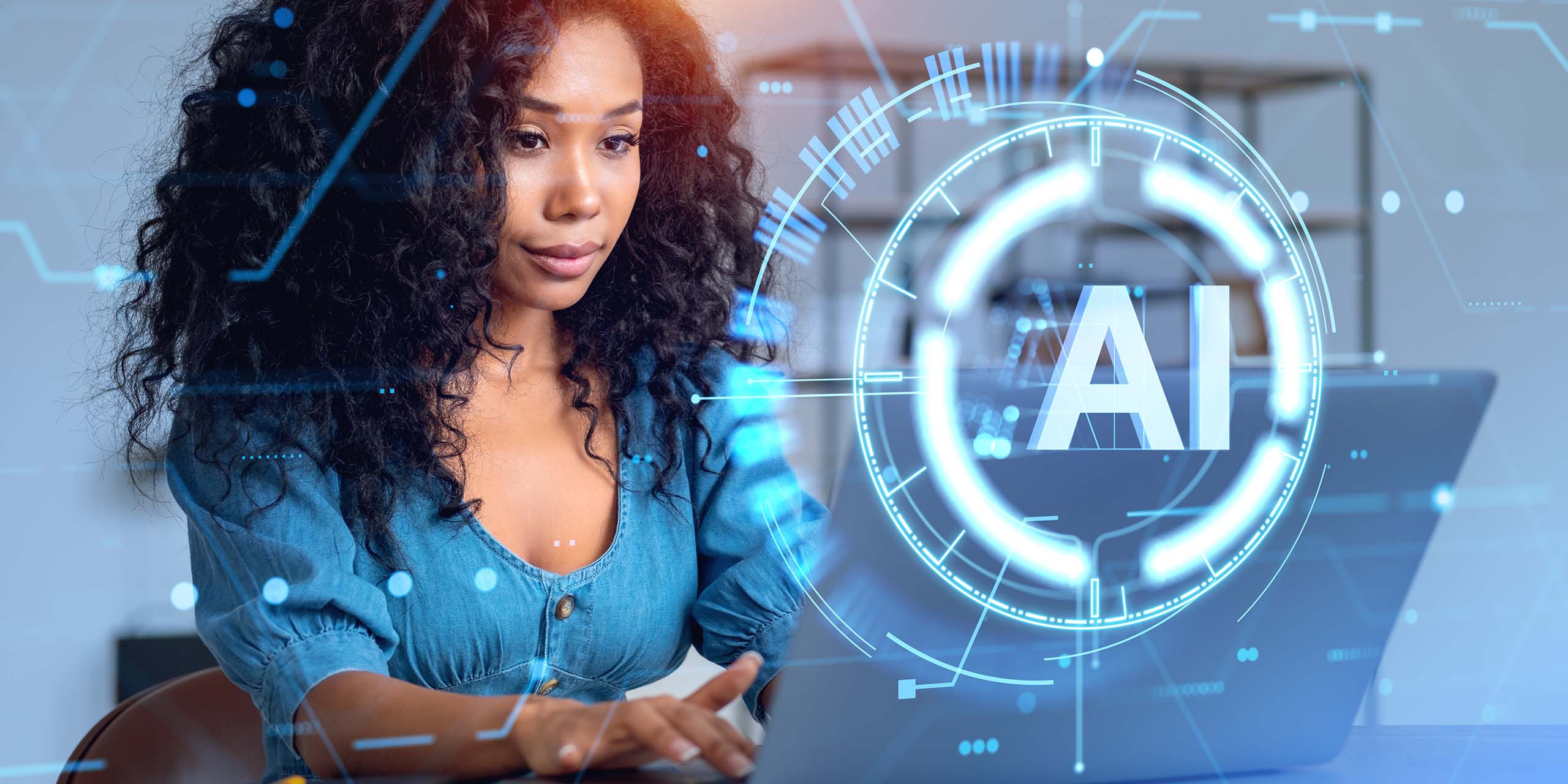 woman uses ai on laptop to create learning content